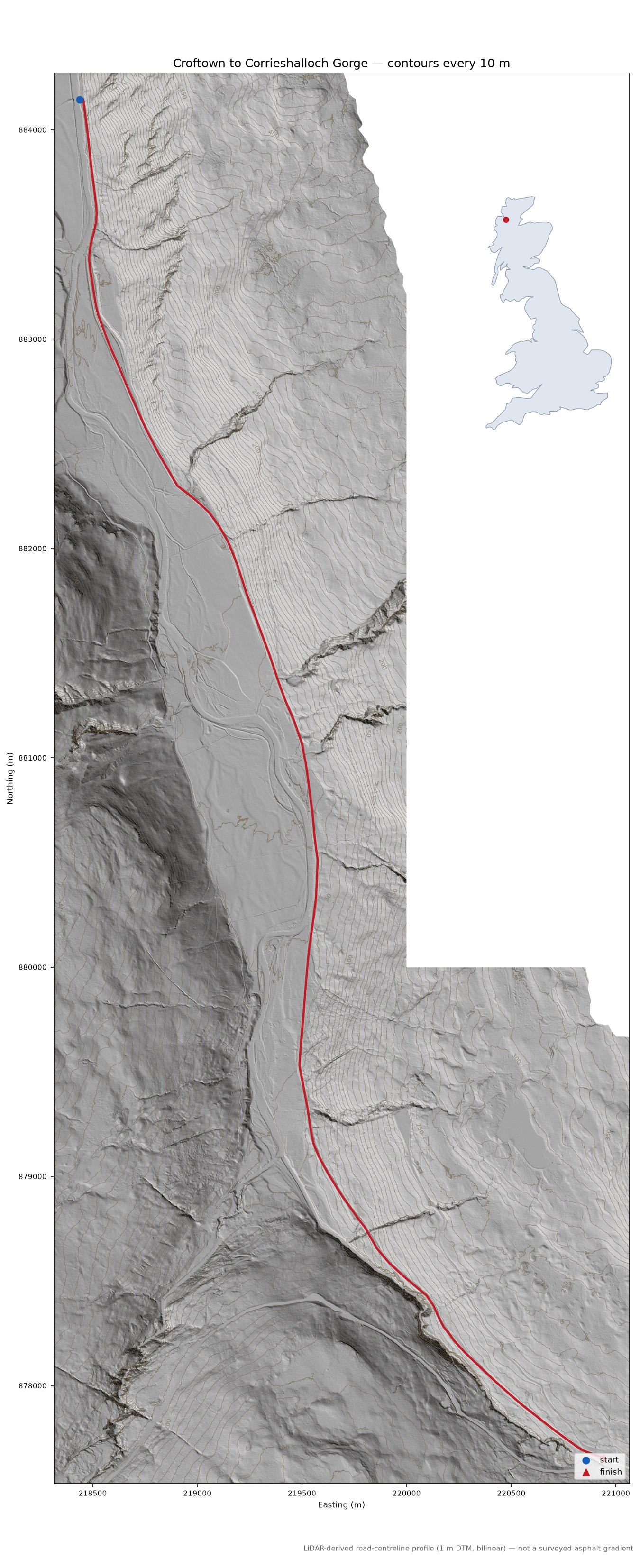 Croftown to Corrieshalloch Gorge LiDAR hillshade map with contours