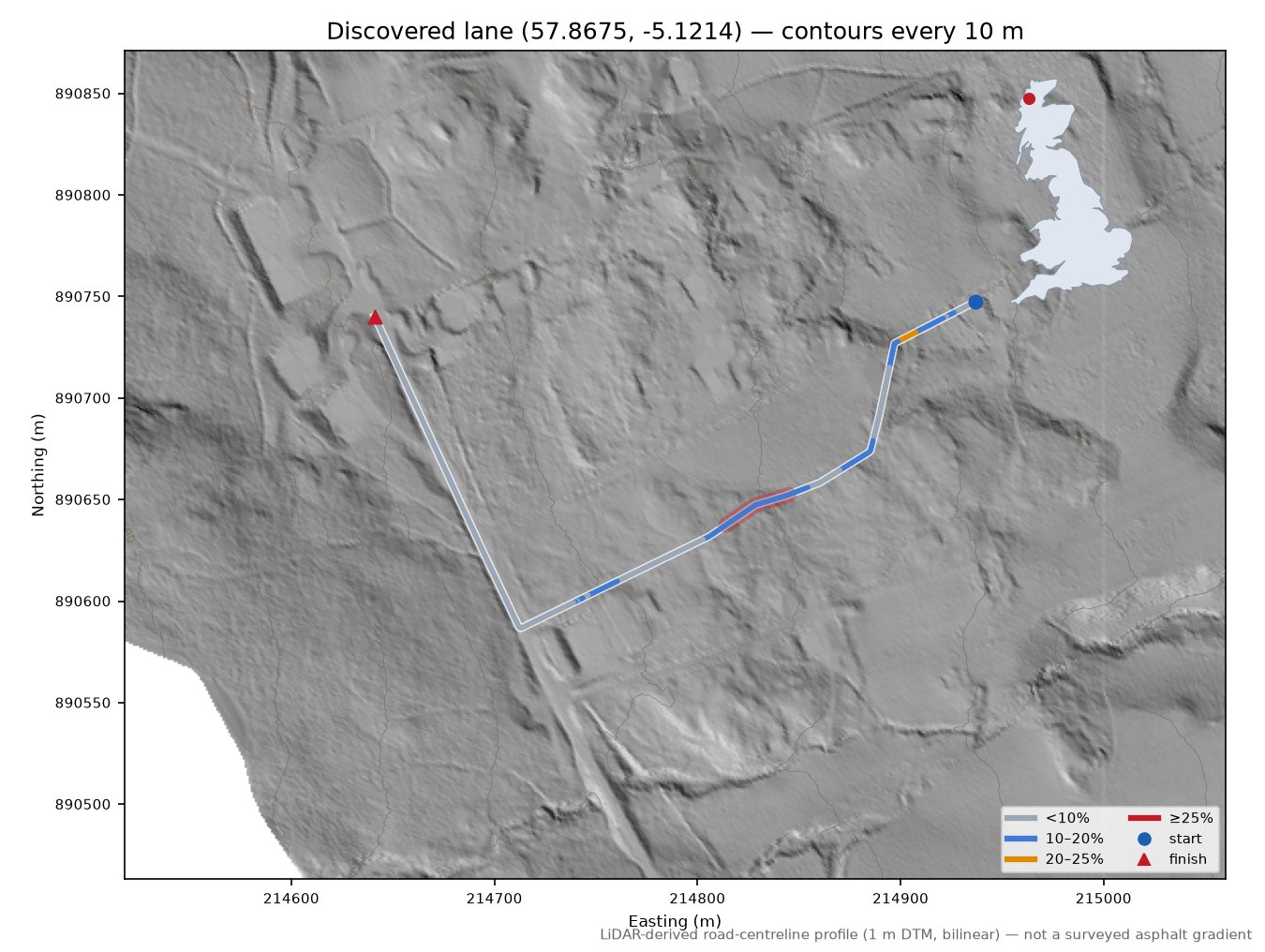 Discovered lane (57.8675, -5.1214) LiDAR hillshade map with contours