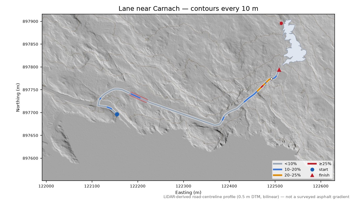 Lane near Carnach LiDAR hillshade map with contours