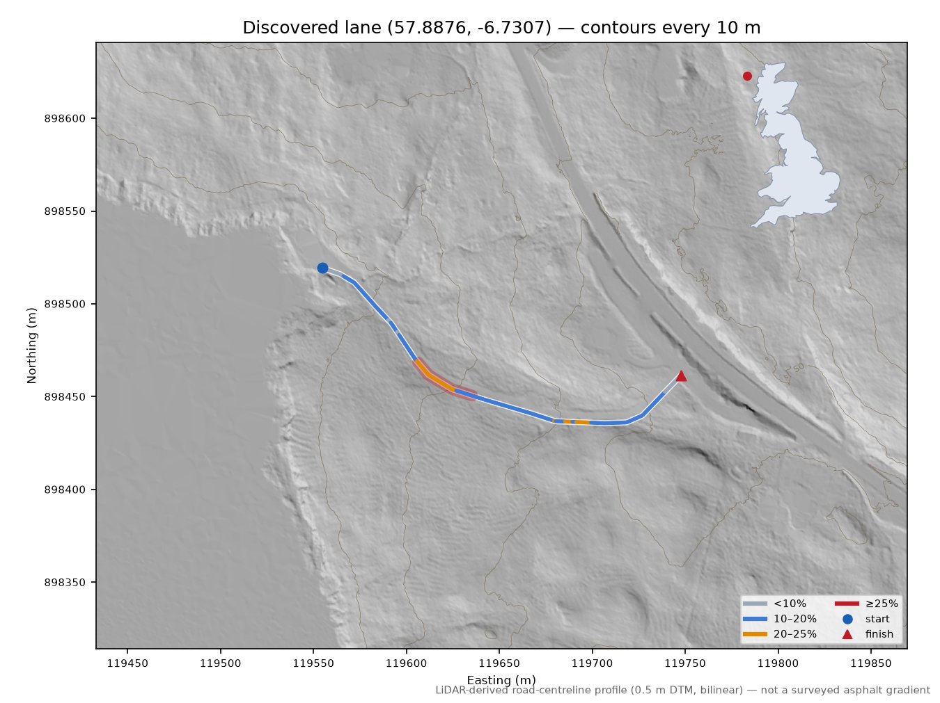Discovered lane (57.8876, -6.7307) LiDAR hillshade map with contours