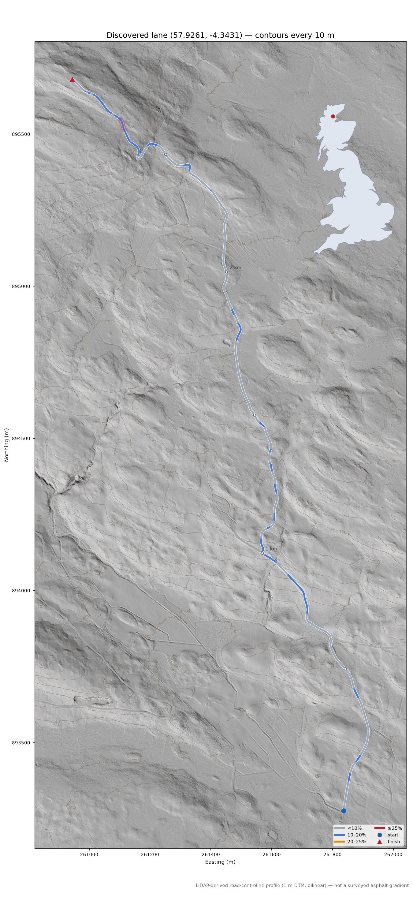 Discovered lane (57.9261, -4.3431) LiDAR hillshade map with contours