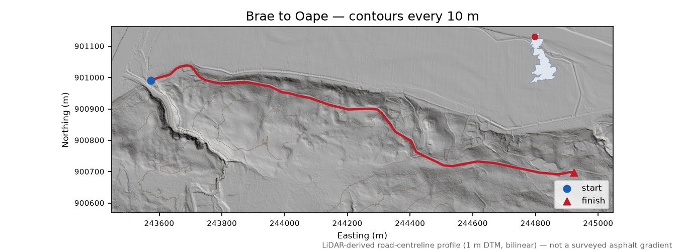 Brae to Oape LiDAR hillshade map with contours
