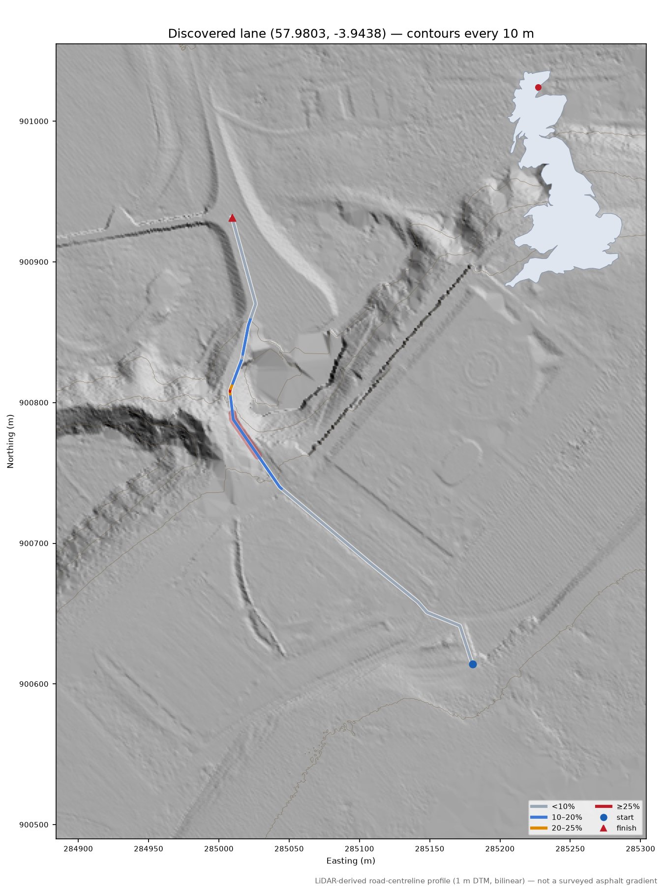 Discovered lane (57.9803, -3.9438) LiDAR hillshade map with contours