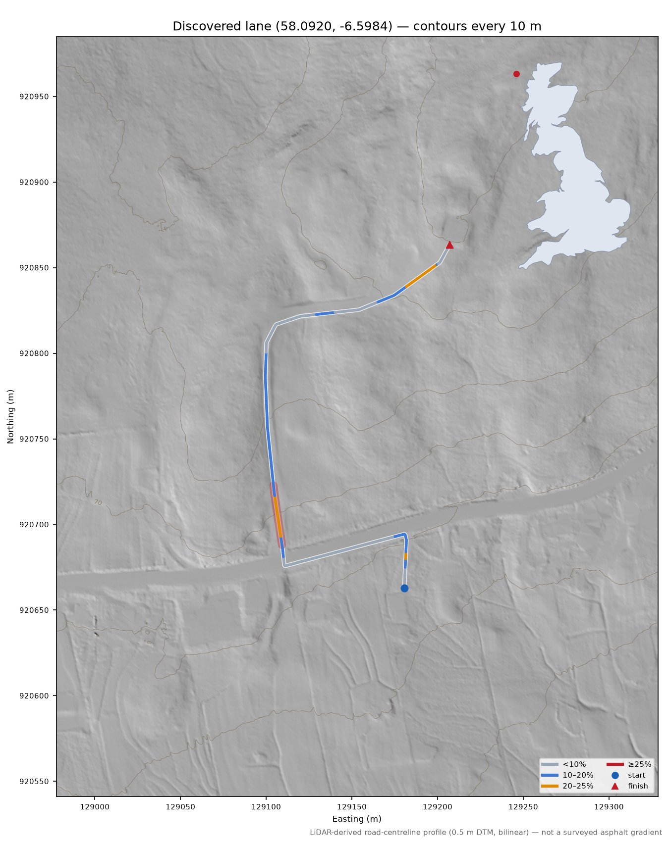 Discovered lane (58.0920, -6.5984) LiDAR hillshade map with contours