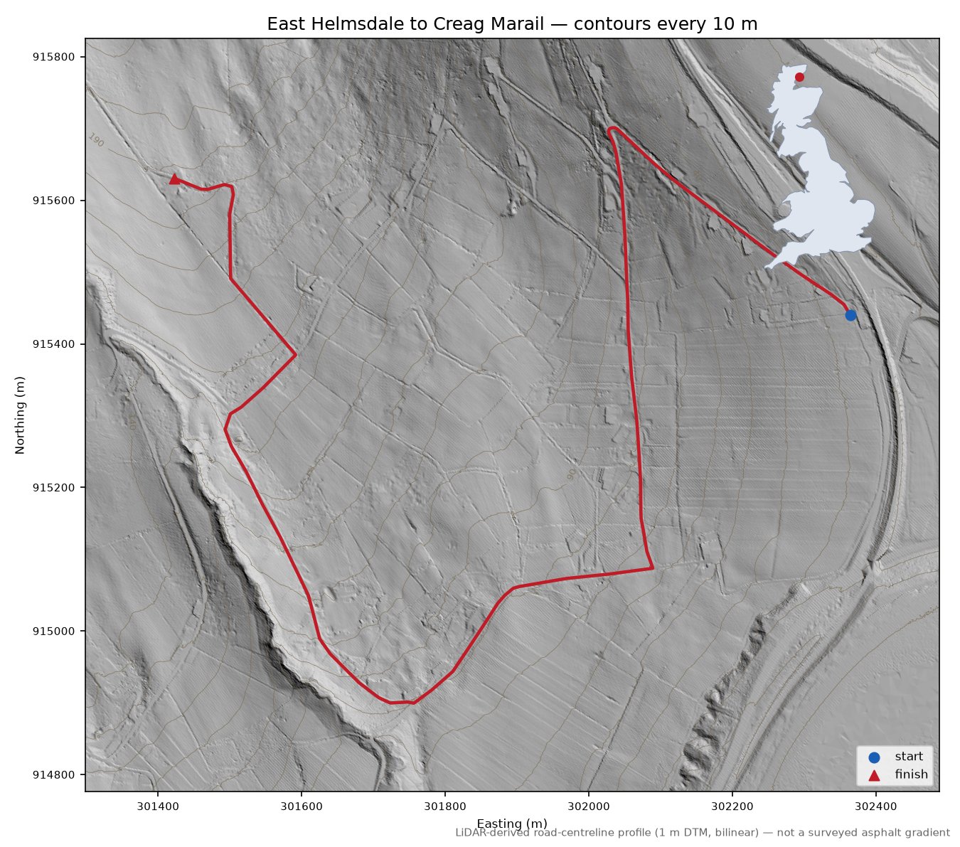 East Helmsdale to Creag Marail LiDAR hillshade map with contours