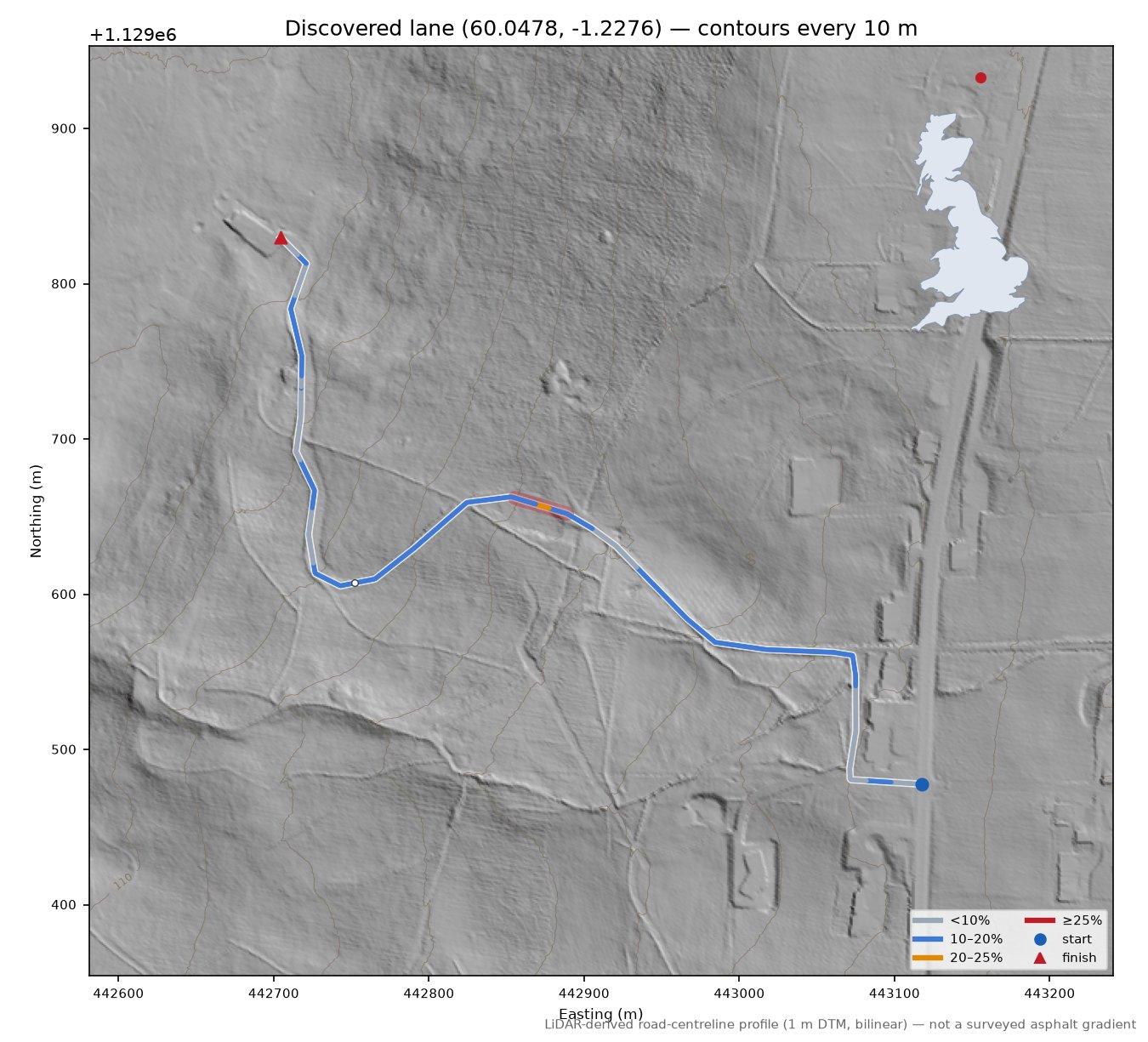 Discovered lane (60.0478, -1.2276) LiDAR hillshade map with contours