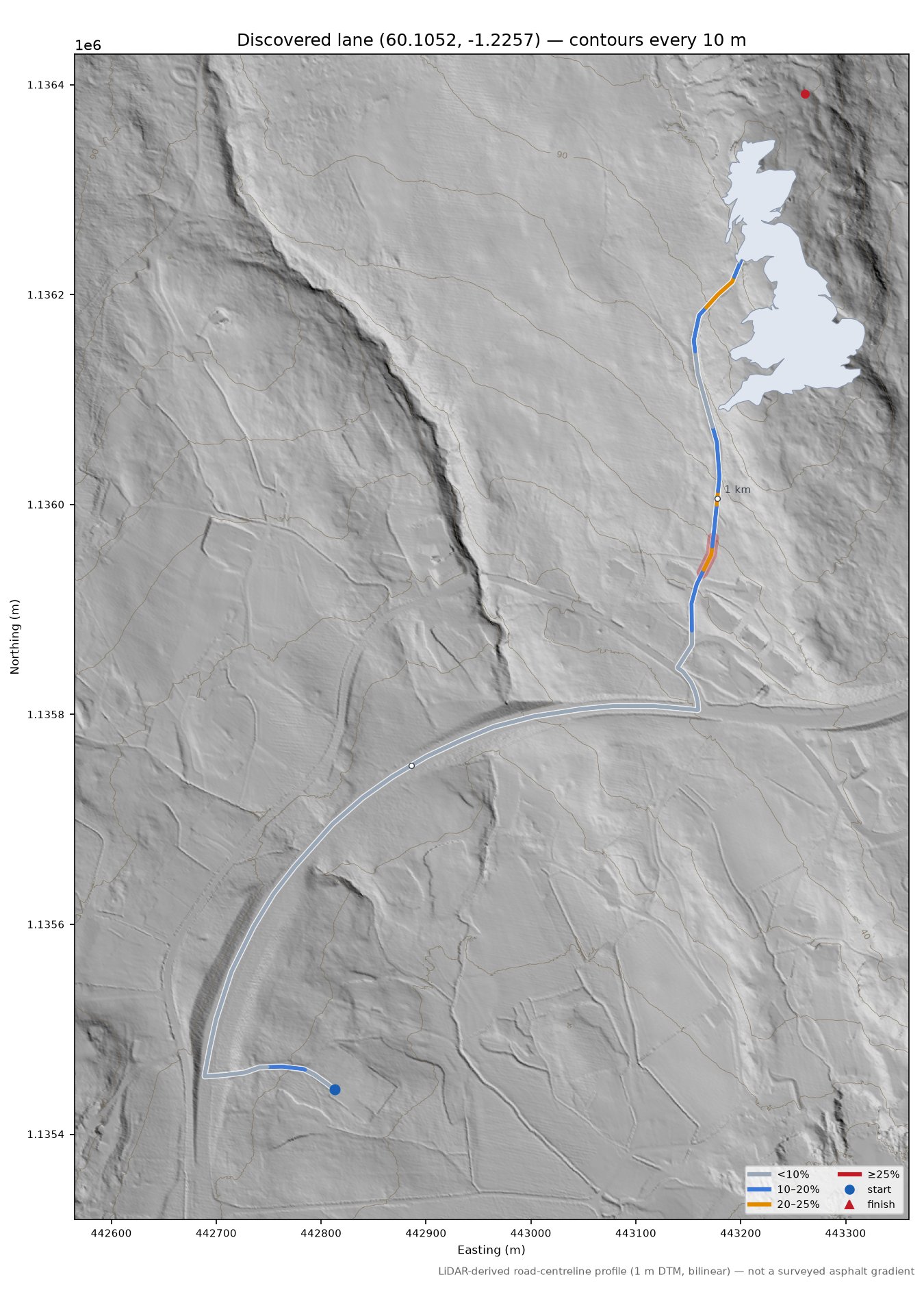 Discovered lane (60.1052, -1.2257) LiDAR hillshade map with contours