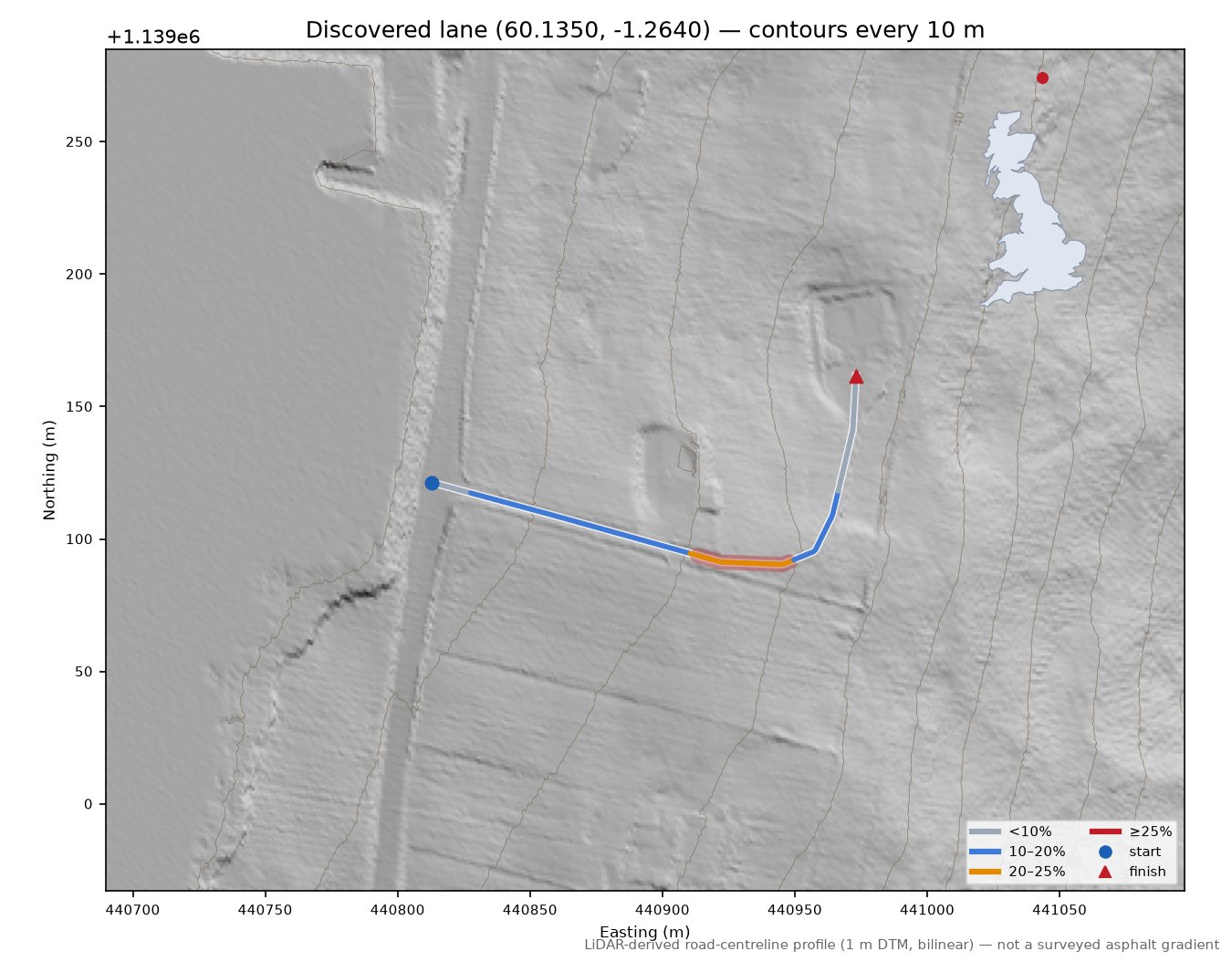 Discovered lane (60.1350, -1.2640) LiDAR hillshade map with contours