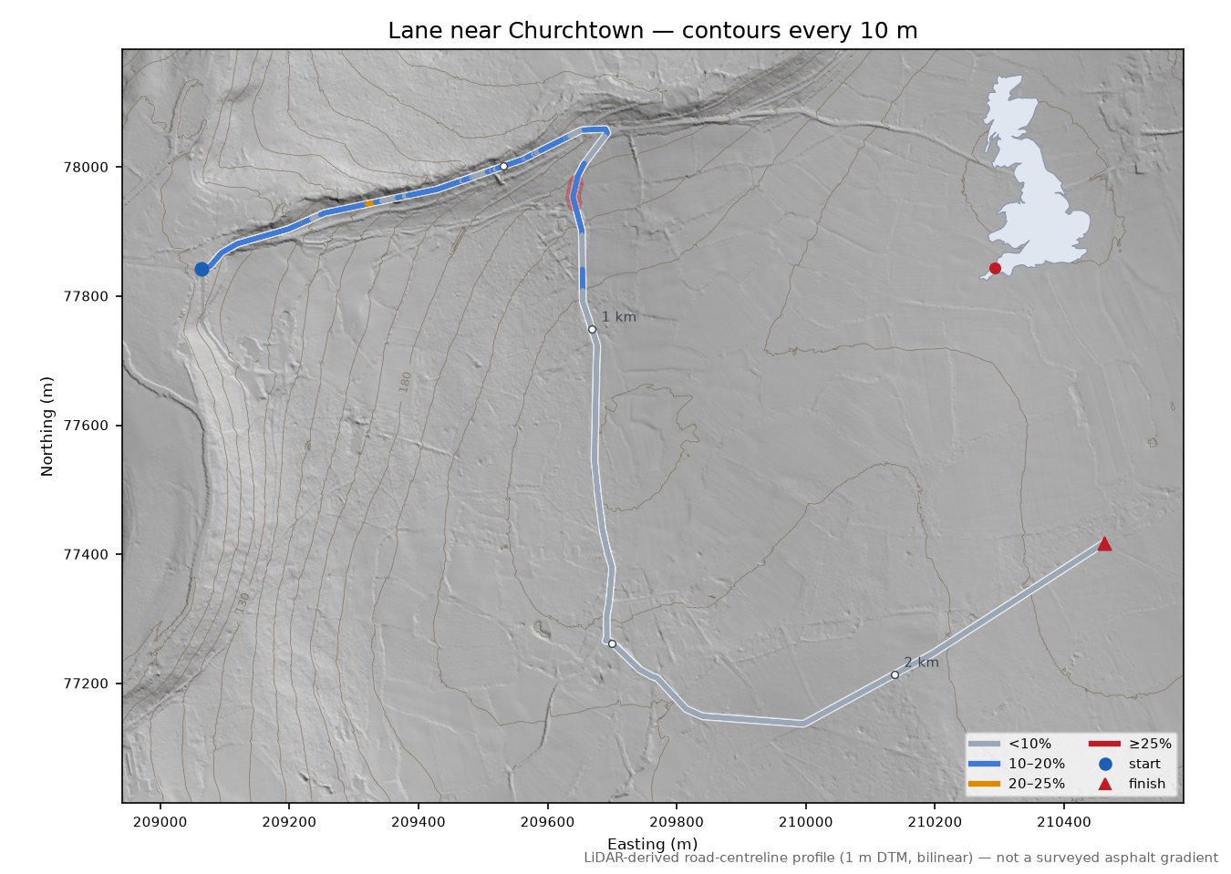 Lane near Churchtown LiDAR hillshade map with contours