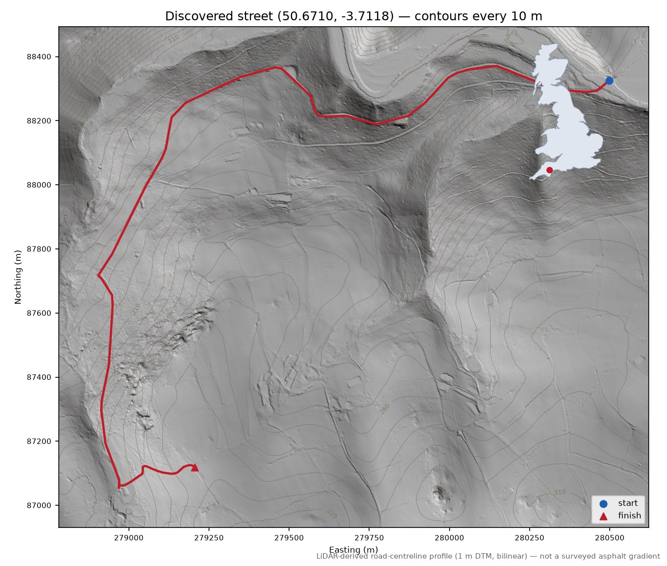 Dunsford to Westcott LiDAR hillshade map with contours