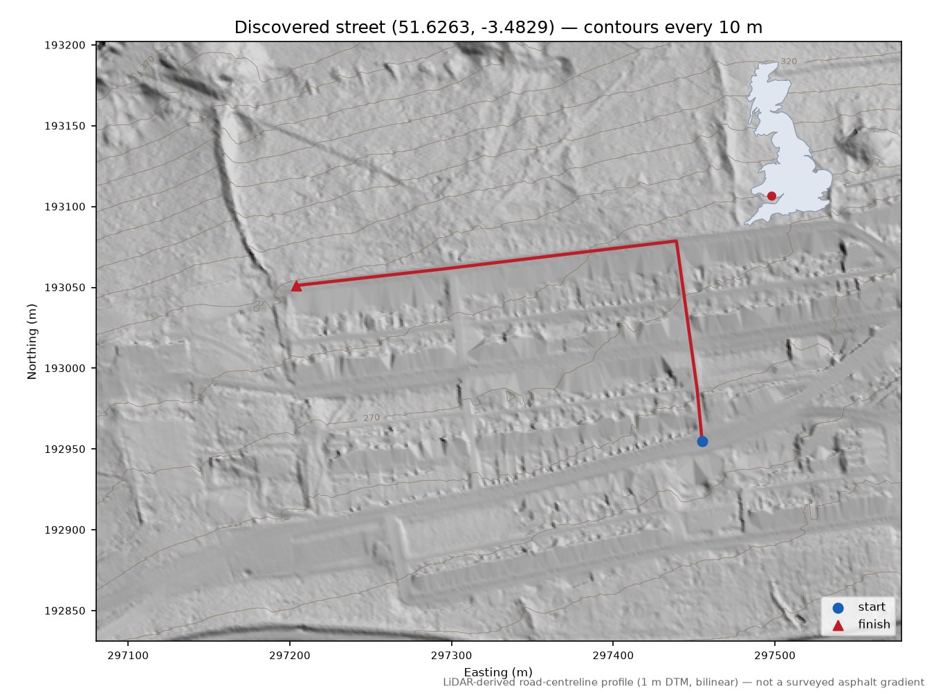 Lane near Cwm Clydach LiDAR hillshade map with contours
