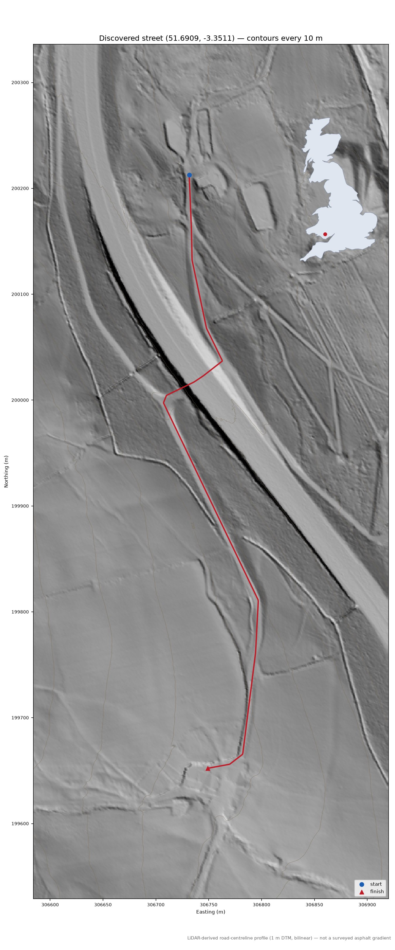 Lane near Aberfan LiDAR hillshade map with contours