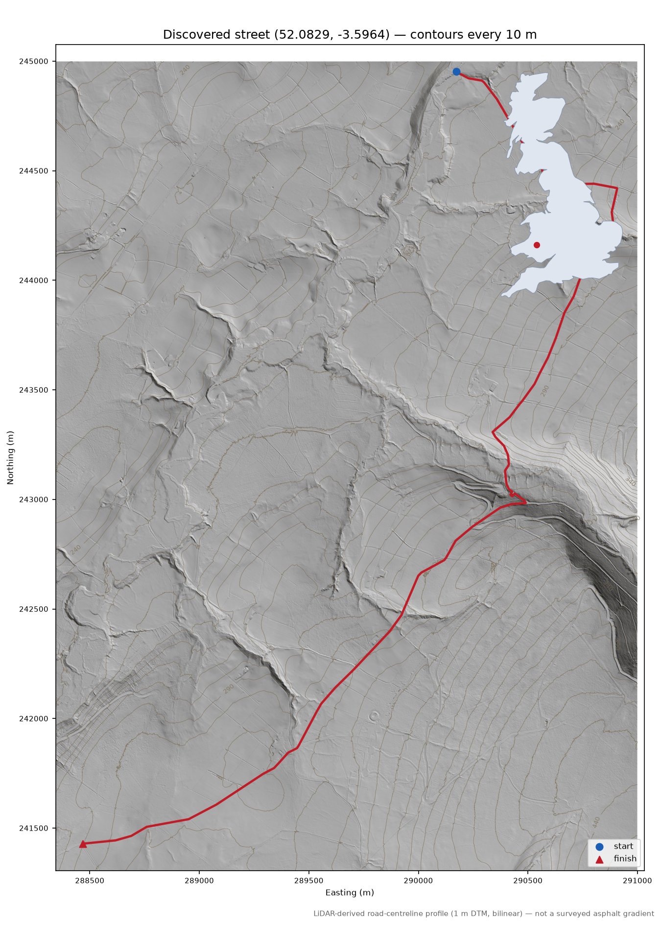 Cefngorwydd to Tirabad LiDAR hillshade map with contours