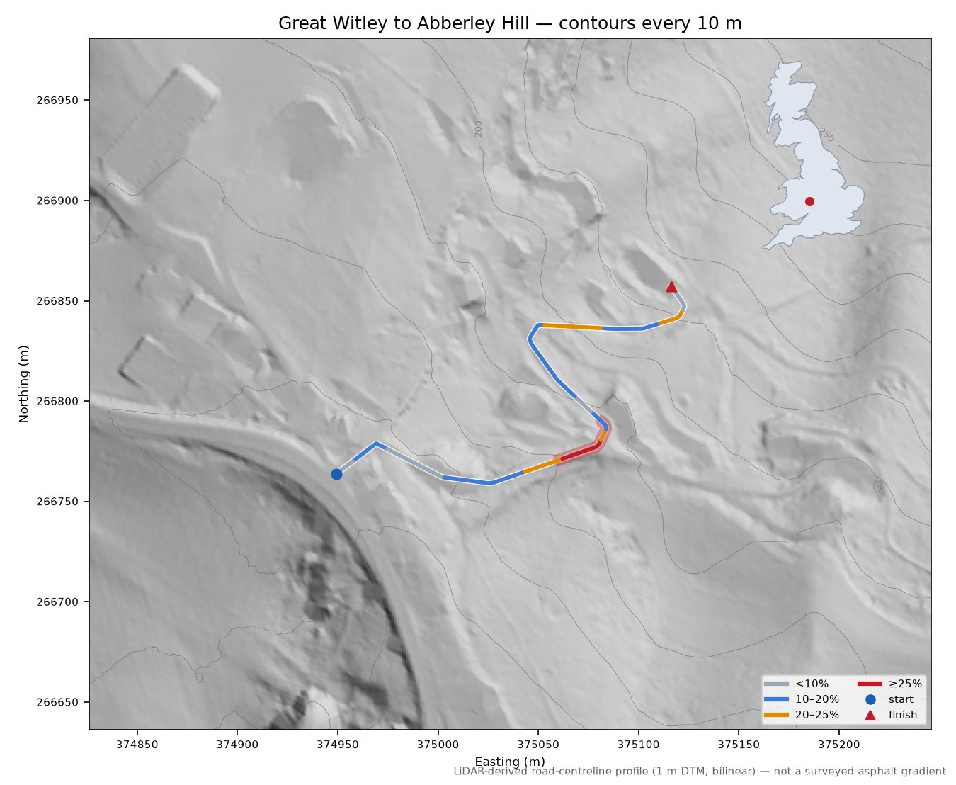 Great Witley to Abberley Hill LiDAR hillshade map with contours