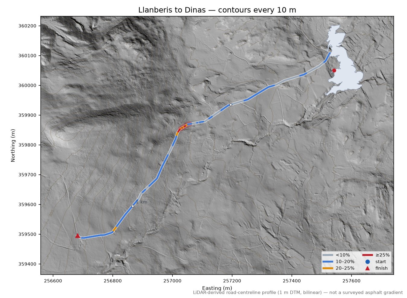 Llanberis to Dinas LiDAR hillshade map with contours