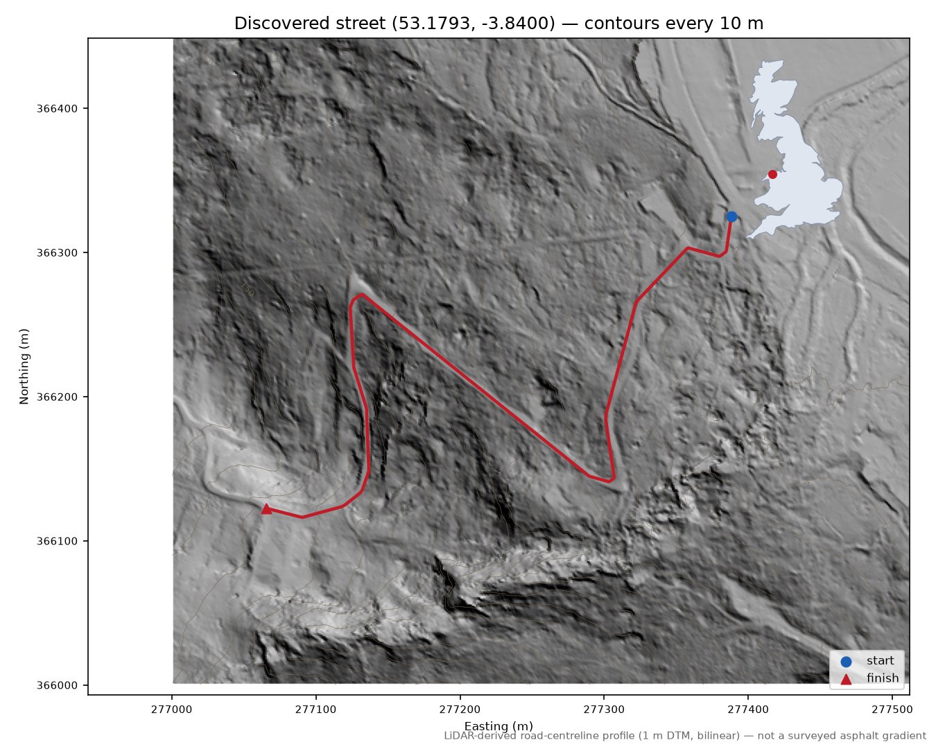 Lane near Dolgarrog LiDAR hillshade map with contours