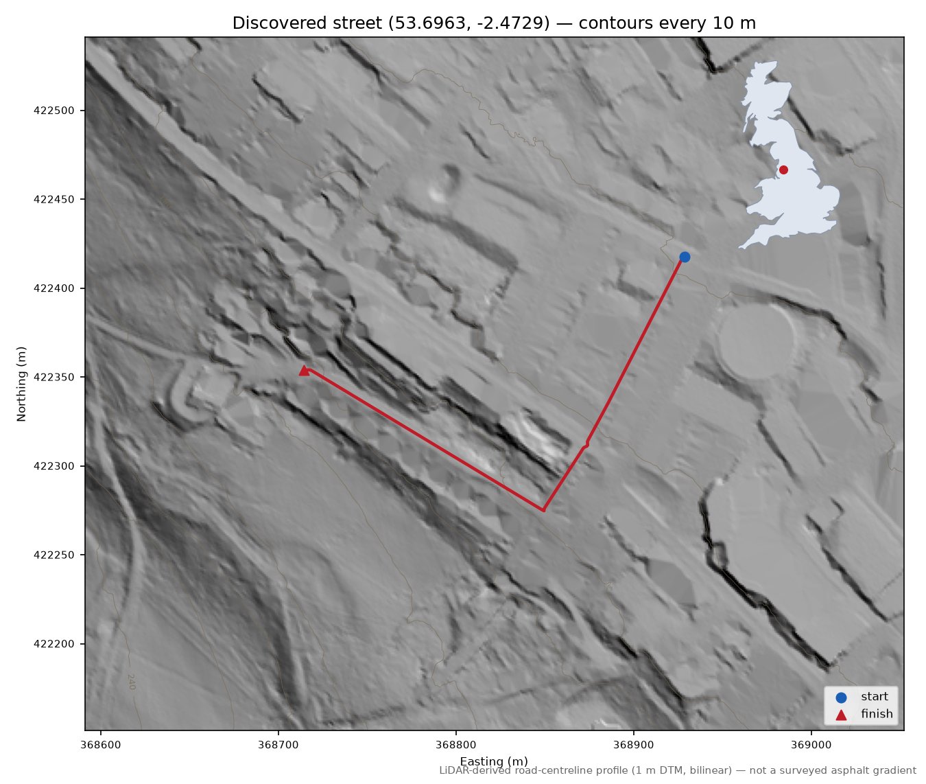 Lane near Livesey Fold LiDAR hillshade map with contours