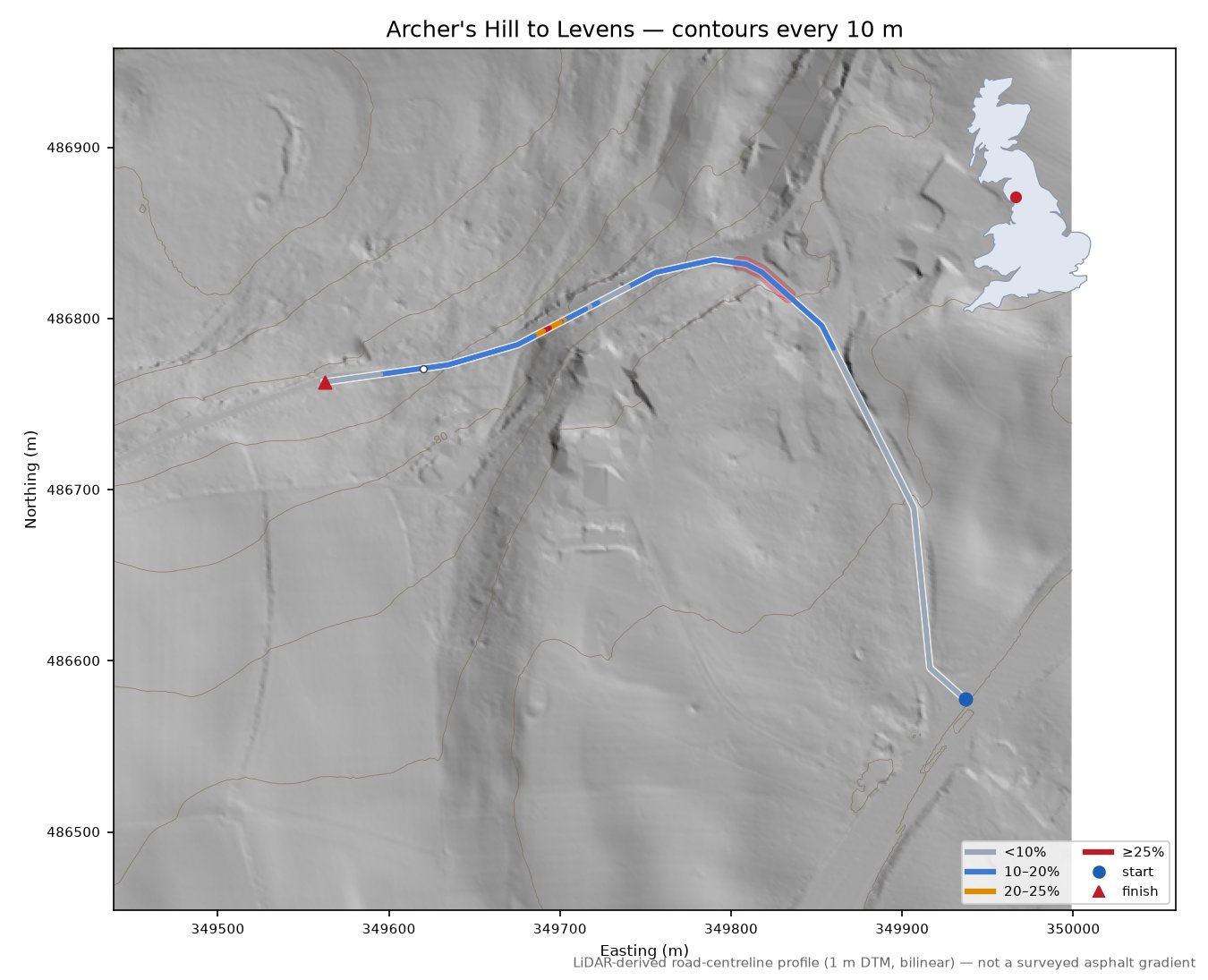 Archer's Hill to Levens LiDAR hillshade map with contours