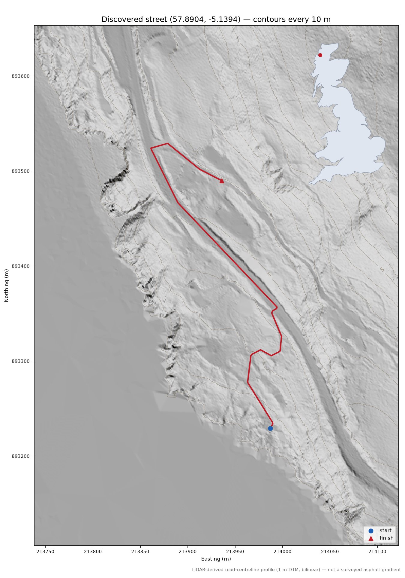 Lane near Creag nan Cudaigean LiDAR hillshade map with contours