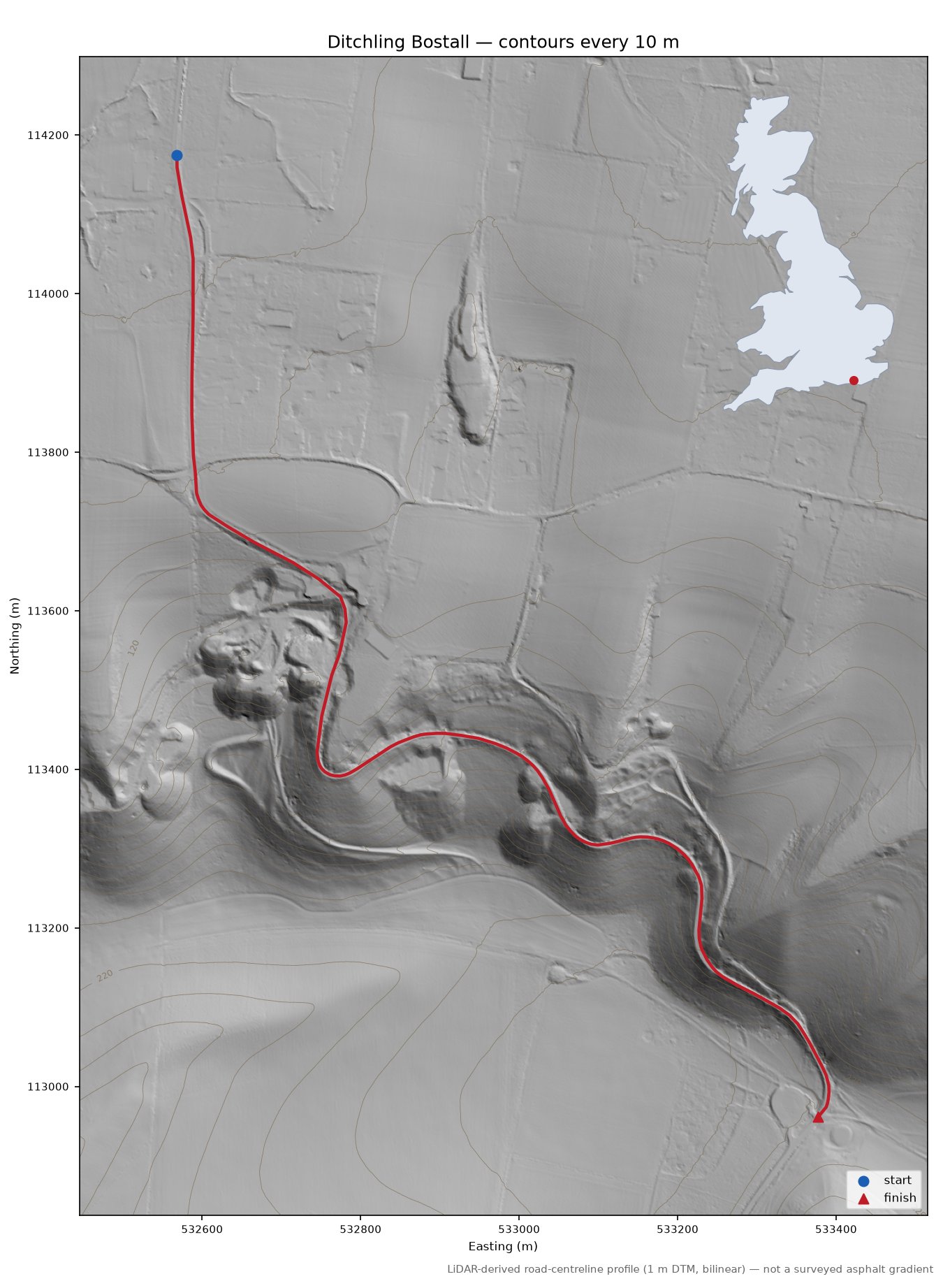 Ditchling Bostall LiDAR hillshade map with contours