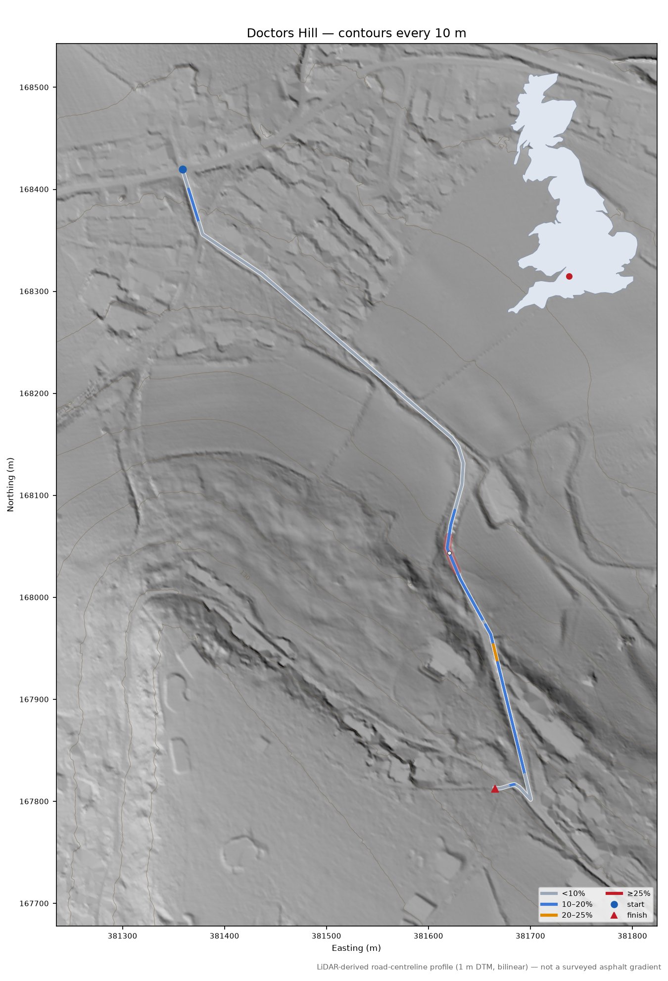 Doctors Hill LiDAR hillshade map with contours
