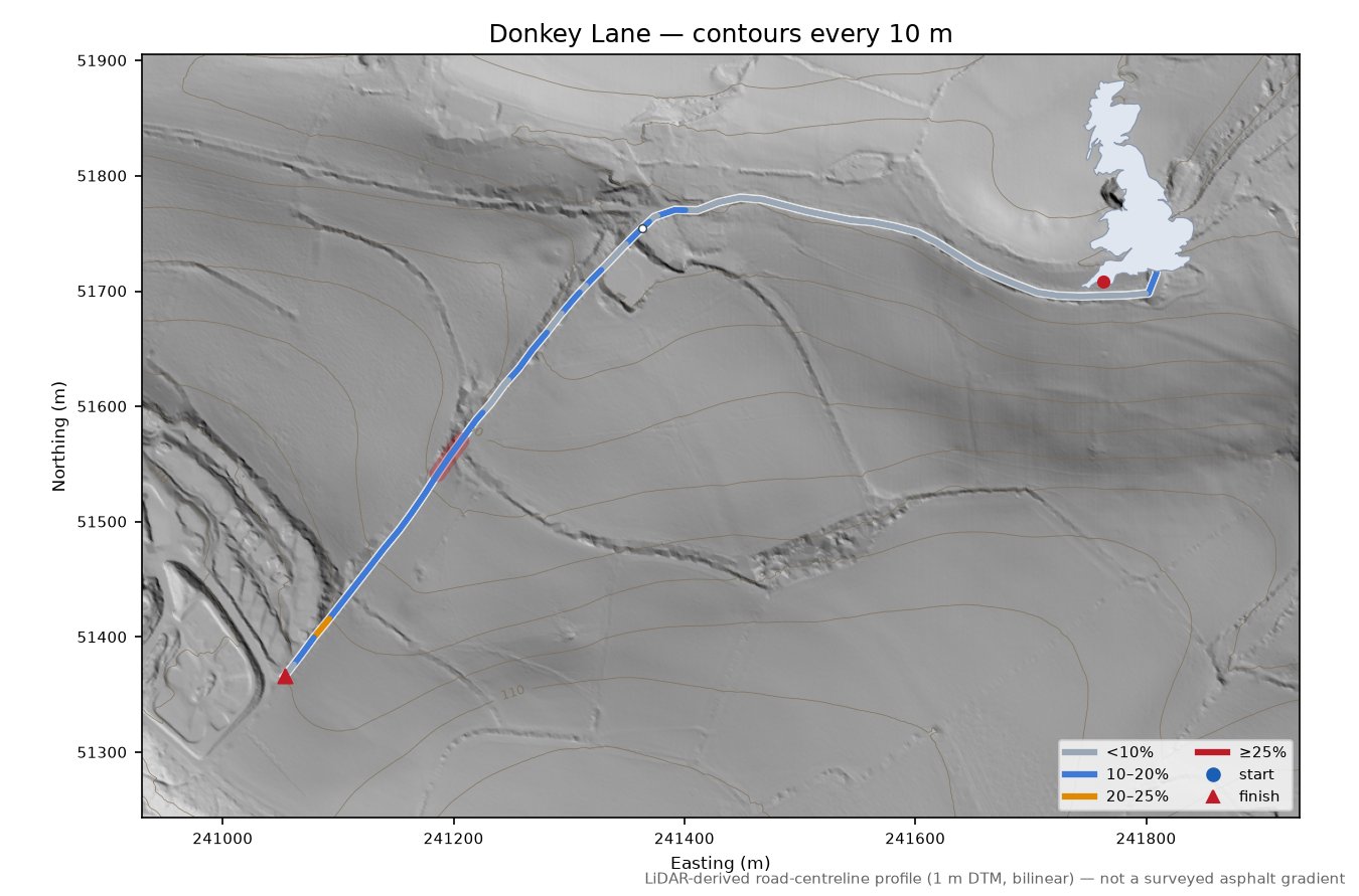 Donkey Lane LiDAR hillshade map with contours