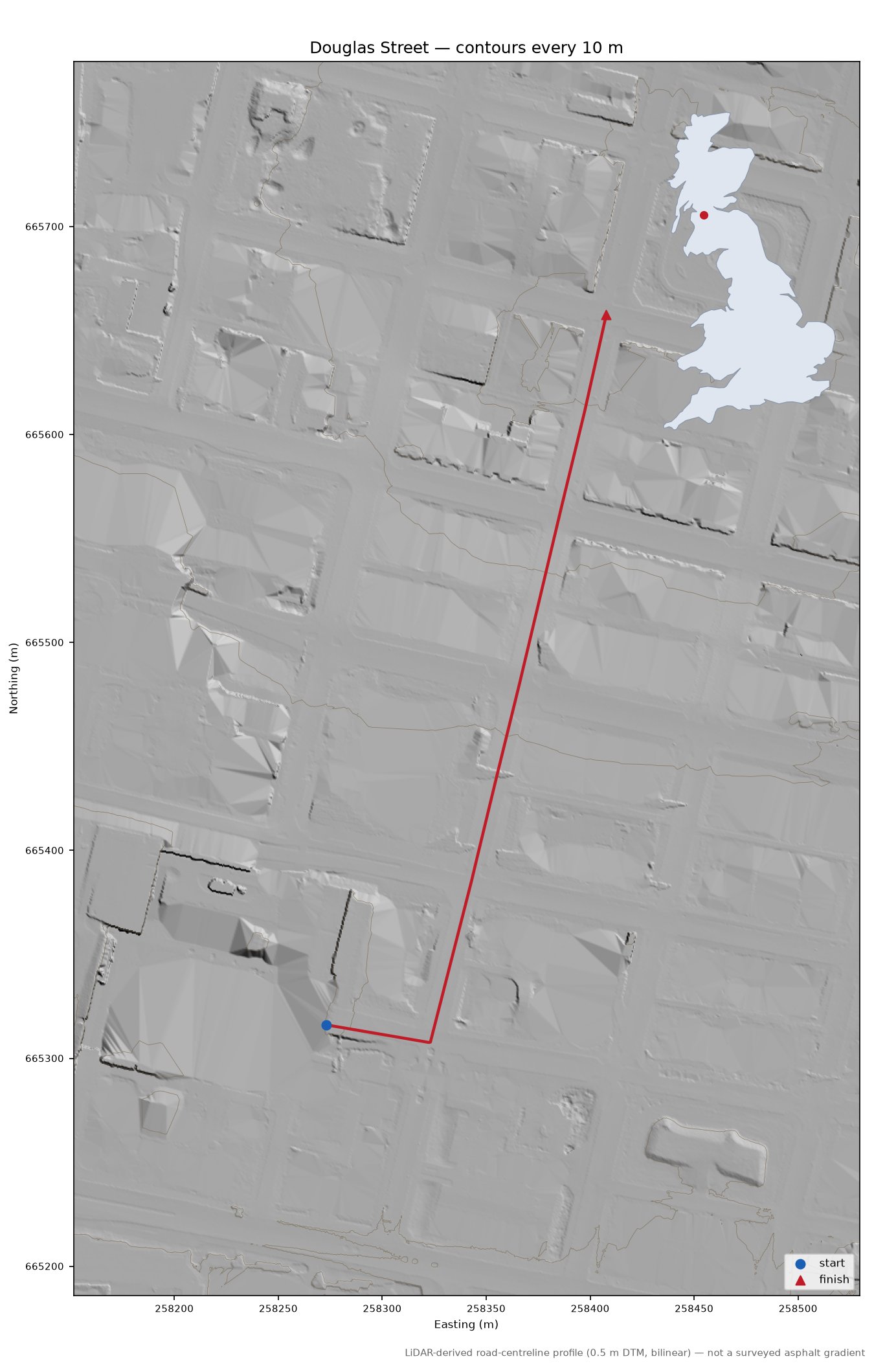 Douglas Street LiDAR hillshade map with contours