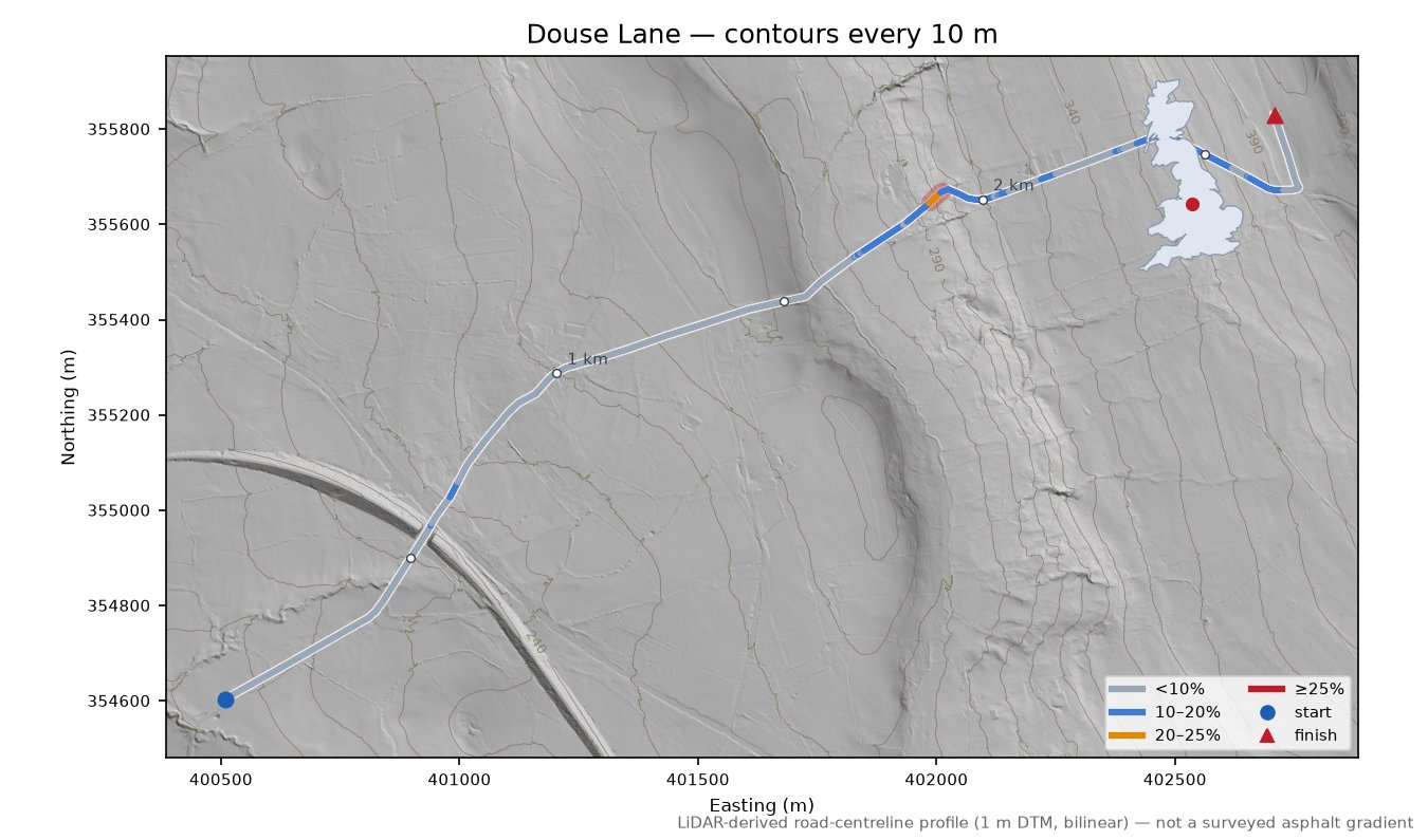 Douse Lane LiDAR hillshade map with contours