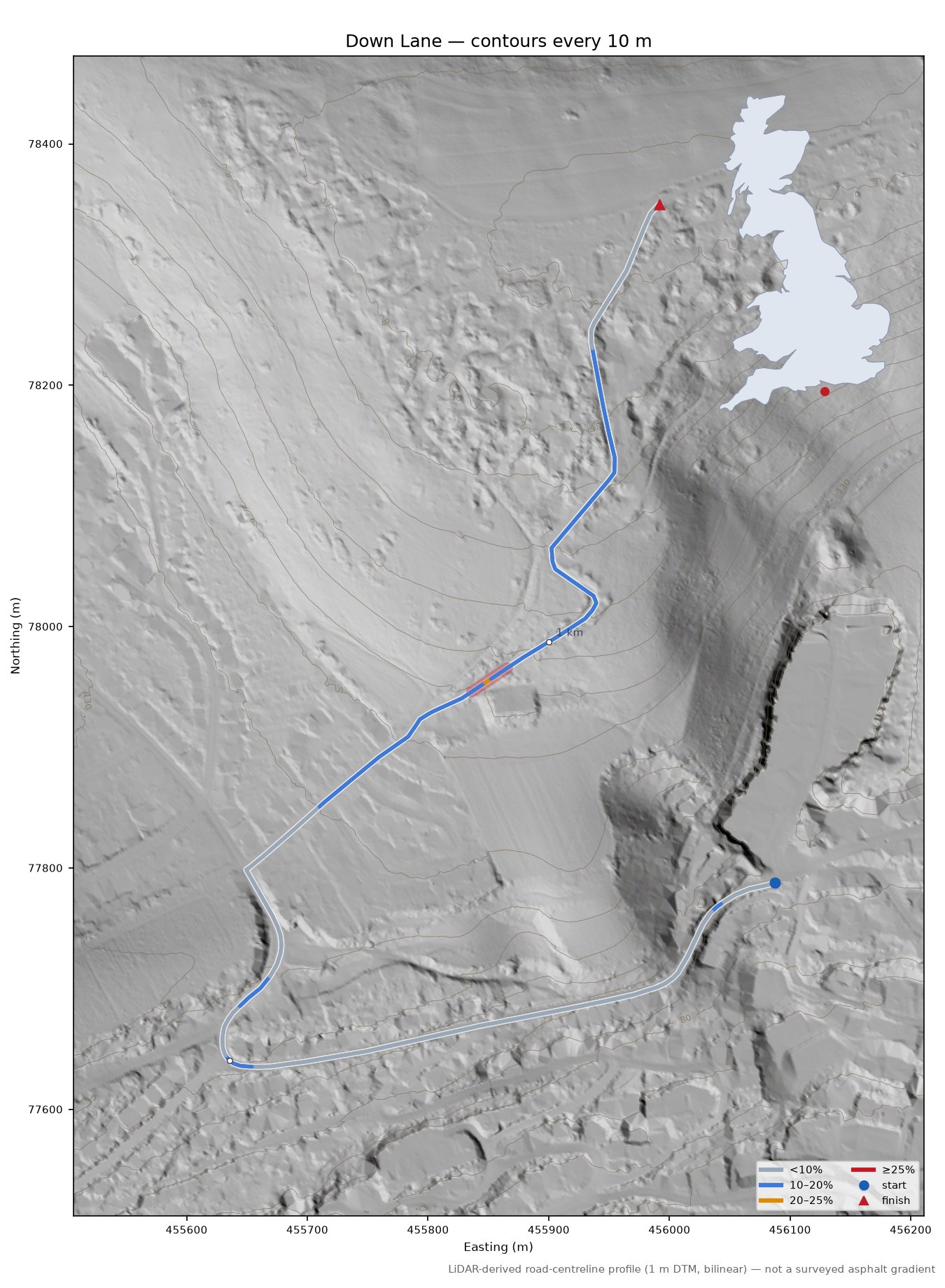 Down Lane LiDAR hillshade map with contours