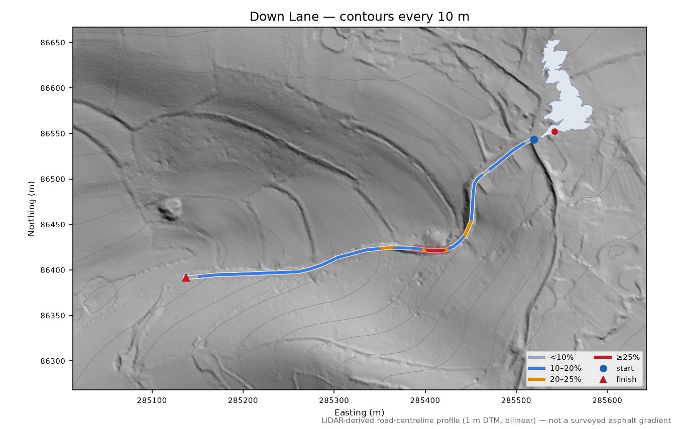 Down Lane LiDAR hillshade map with contours
