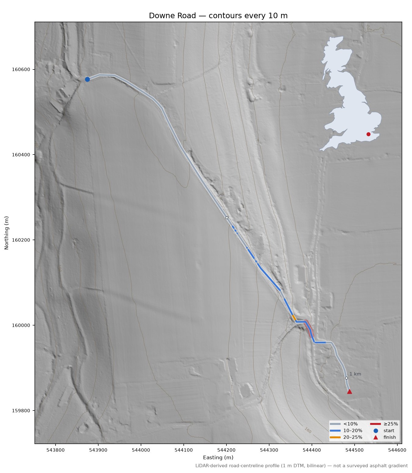 Downe Road LiDAR hillshade map with contours