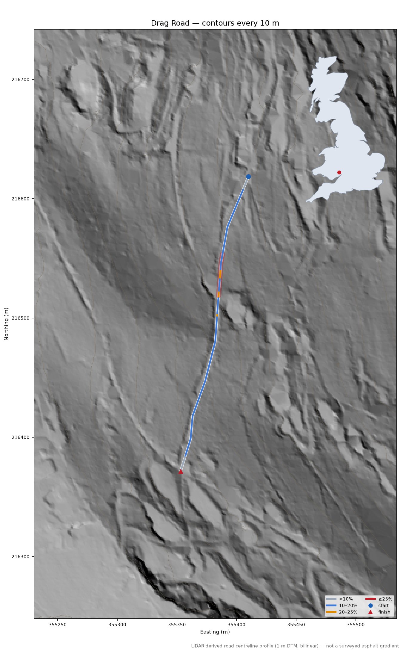 Drag Road LiDAR hillshade map with contours