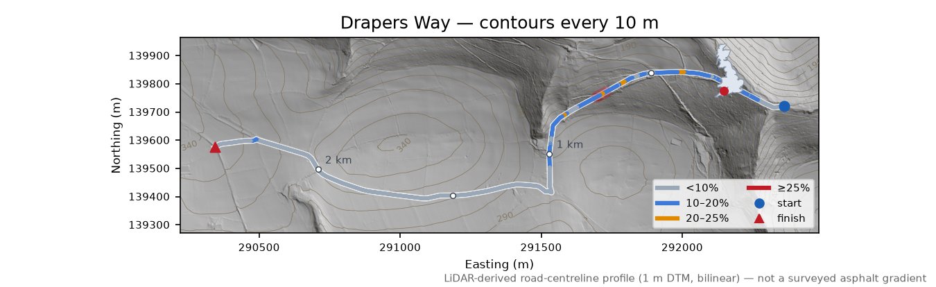 Drapers Way LiDAR hillshade map with contours