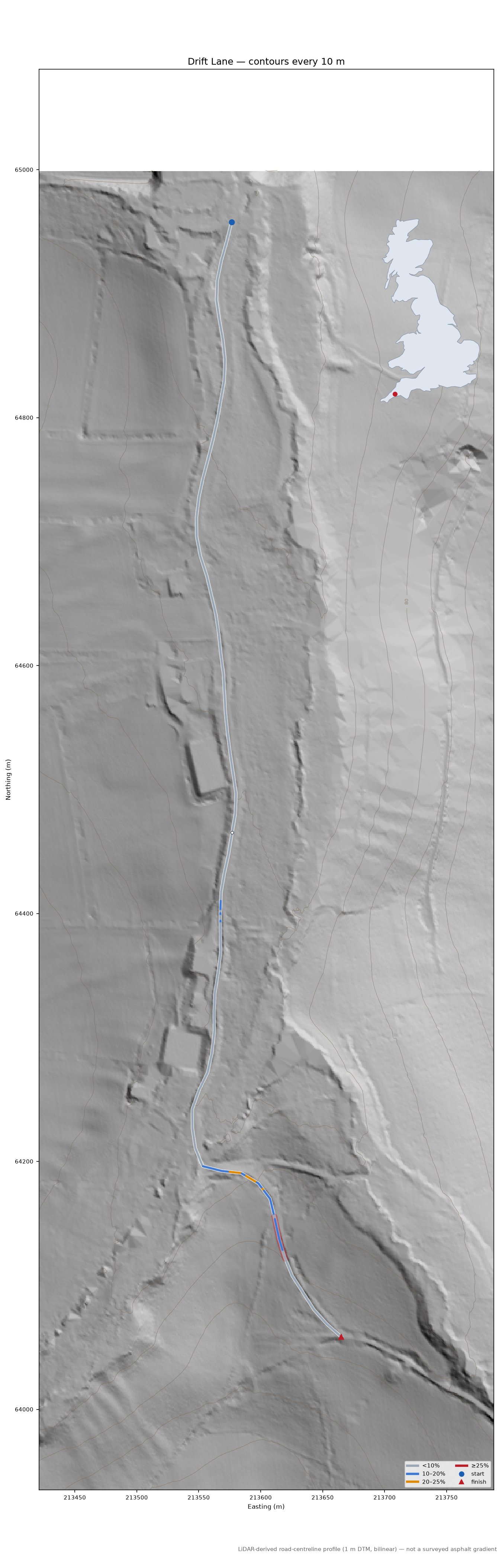 Drift Lane LiDAR hillshade map with contours