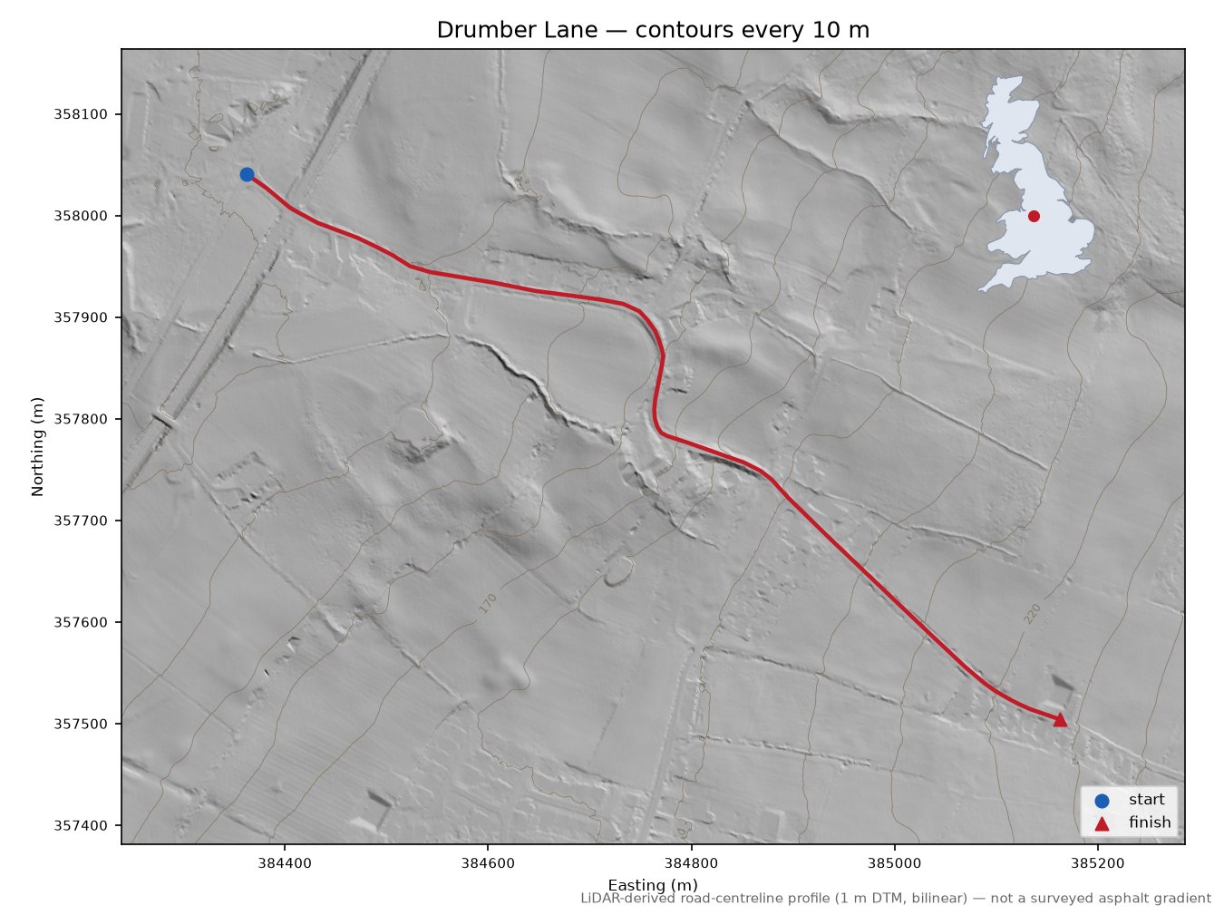 Drumber Lane LiDAR hillshade map with contours