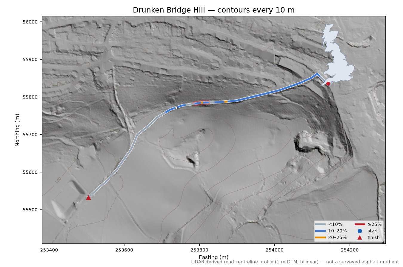 Drunken Bridge Hill LiDAR hillshade map with contours