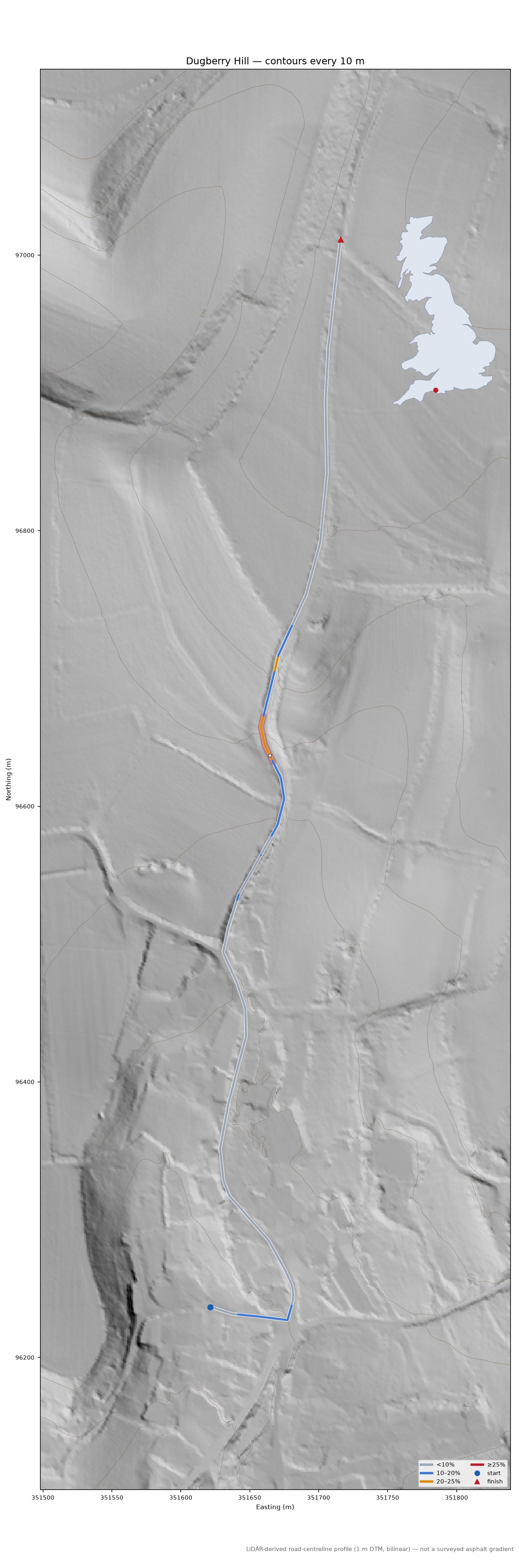 Dugberry Hill LiDAR hillshade map with contours