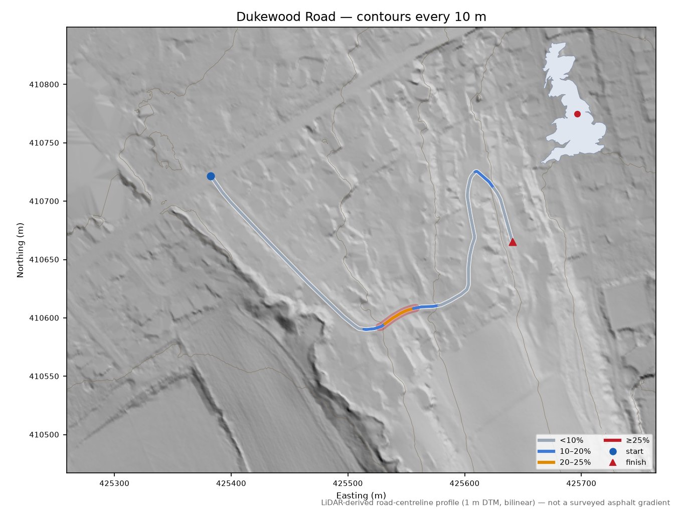 Dukewood Road LiDAR hillshade map with contours