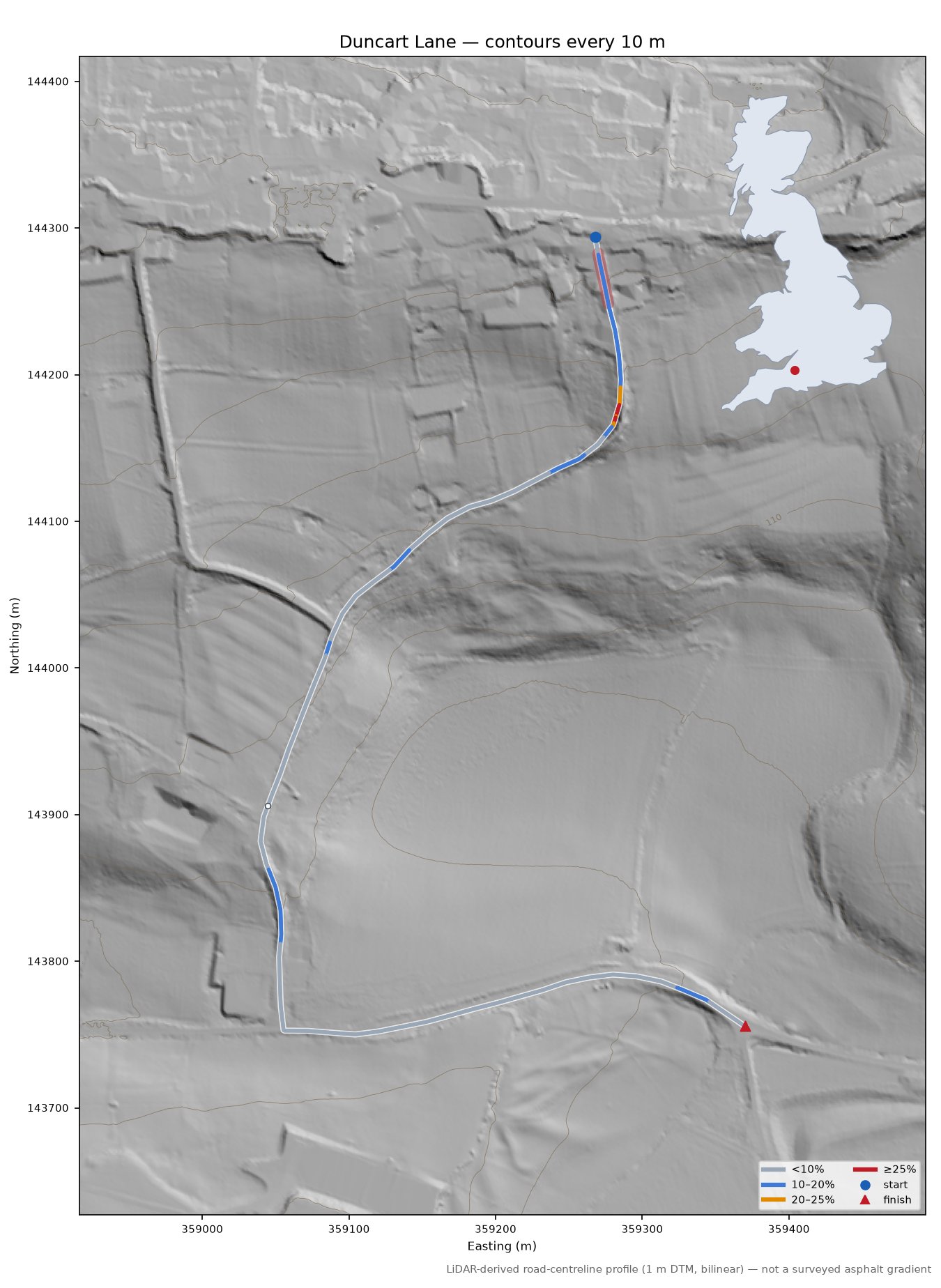 Duncart Lane LiDAR hillshade map with contours