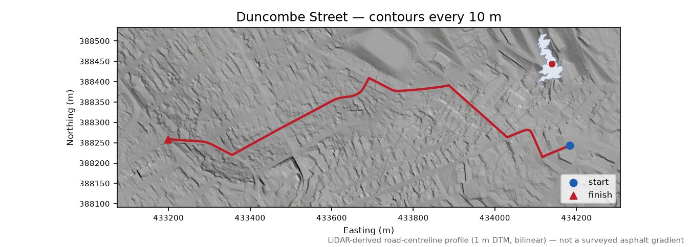 Duncombe Street LiDAR hillshade map with contours