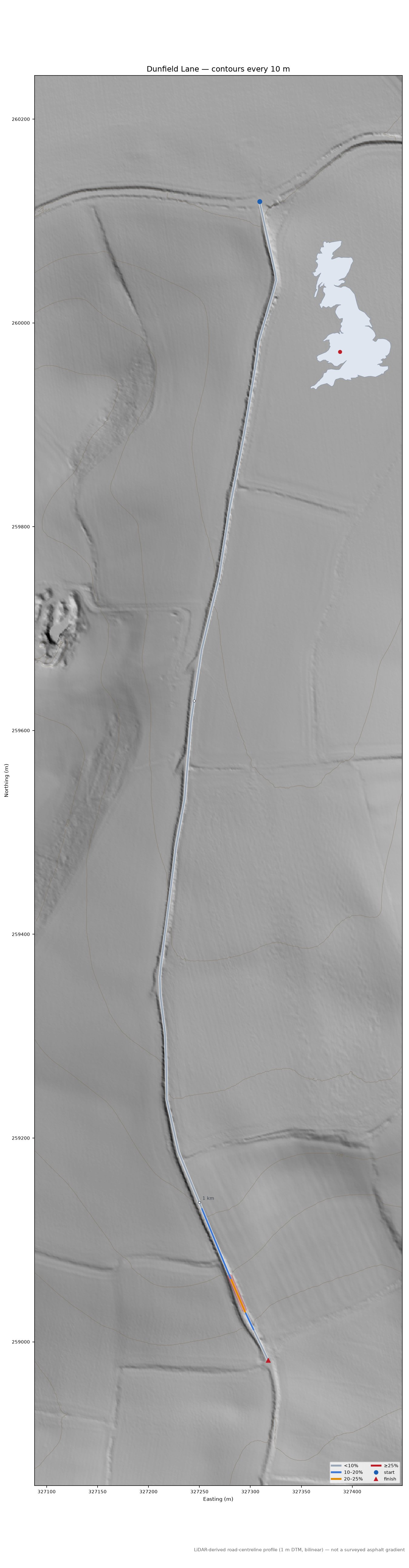 Dunfield Lane LiDAR hillshade map with contours