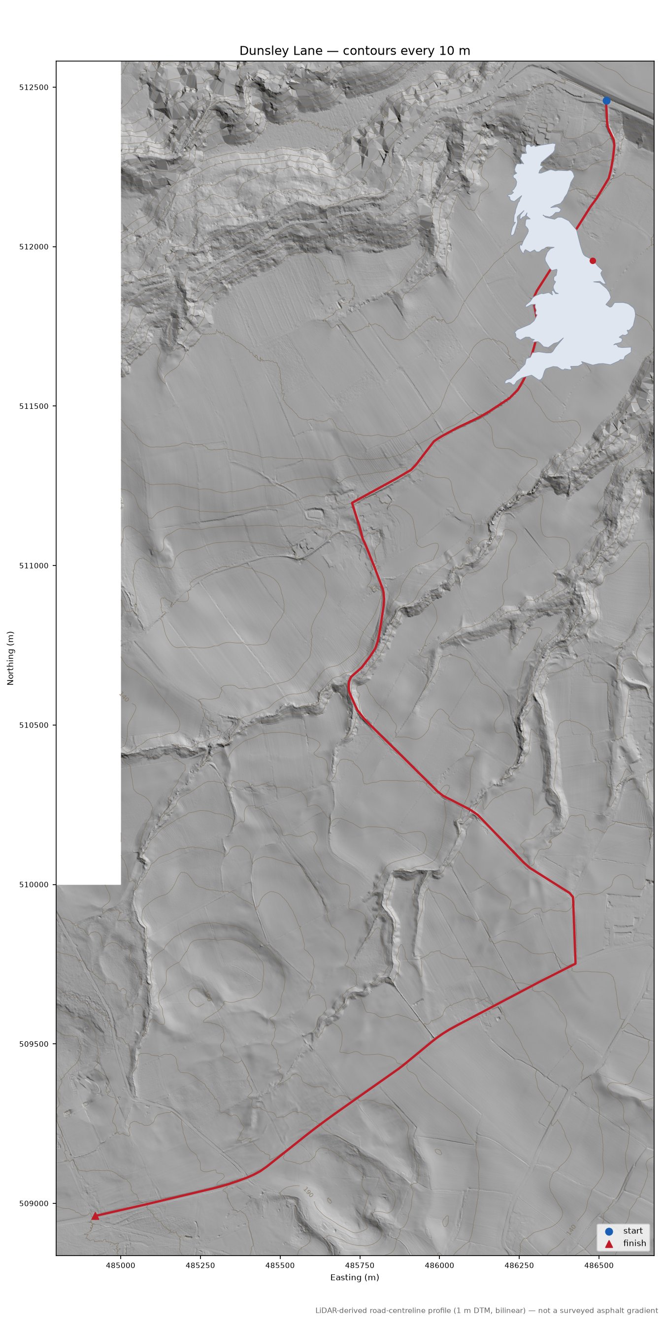 Dunsley Lane LiDAR hillshade map with contours
