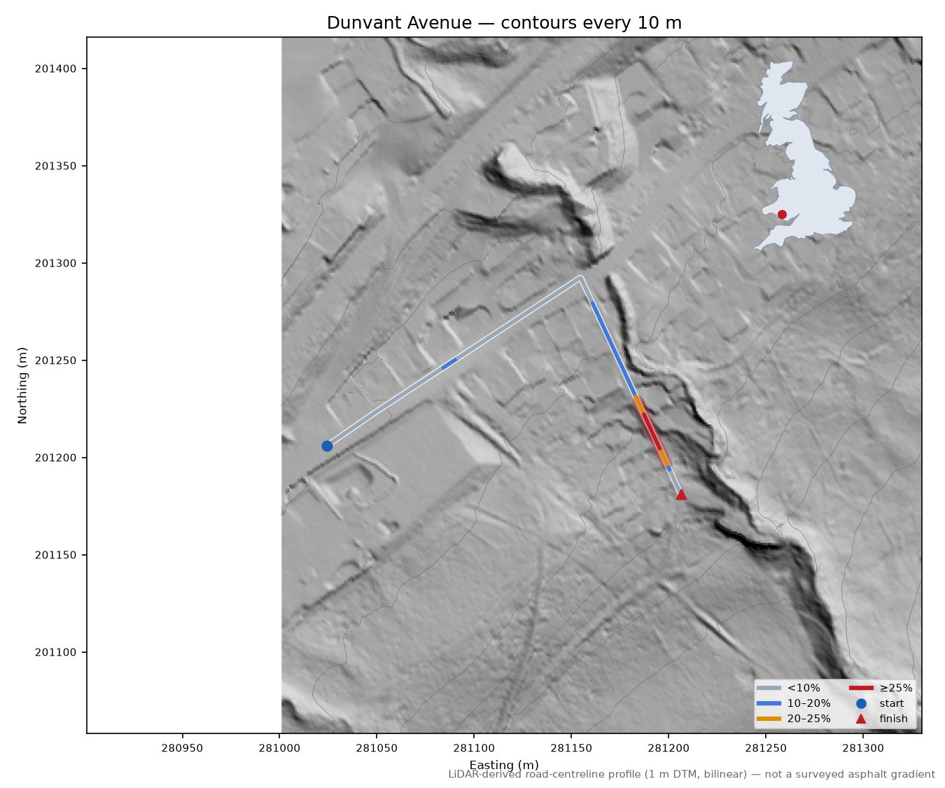 Dunvant Avenue LiDAR hillshade map with contours