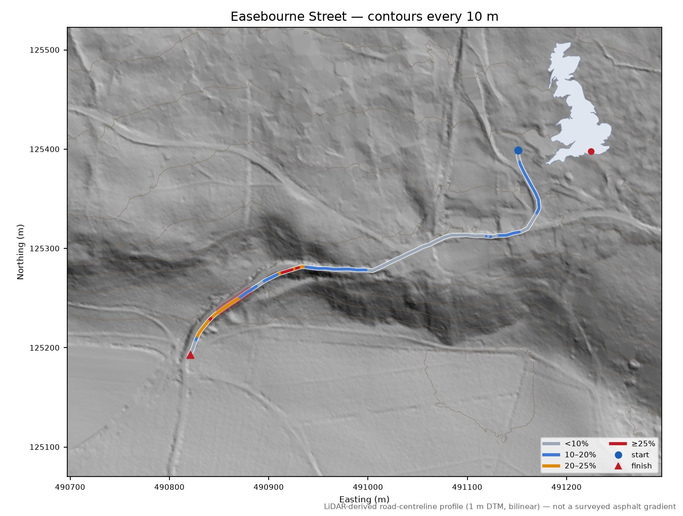 Easebourne Street LiDAR hillshade map with contours