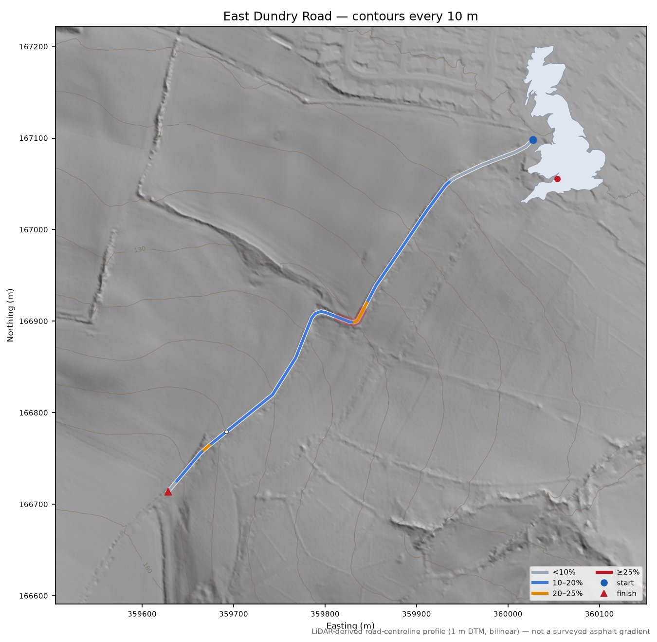 East Dundry Road LiDAR hillshade map with contours