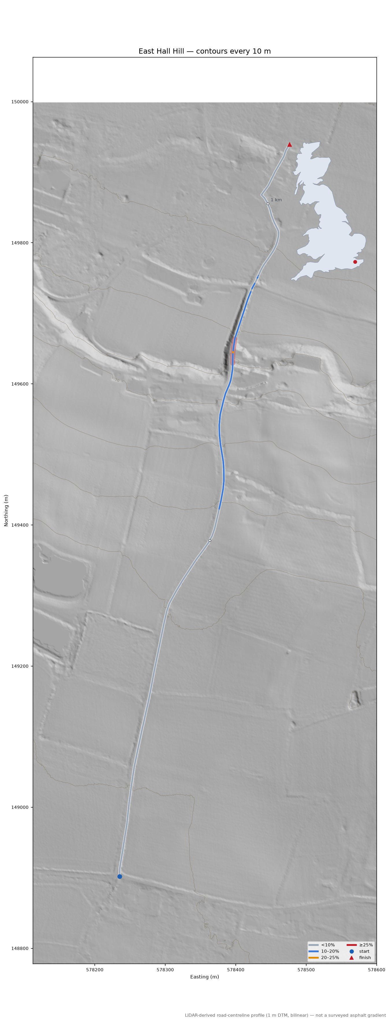 East Hall Hill LiDAR hillshade map with contours