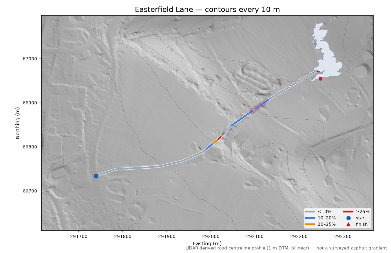 Easterfield Lane LiDAR hillshade map with contours