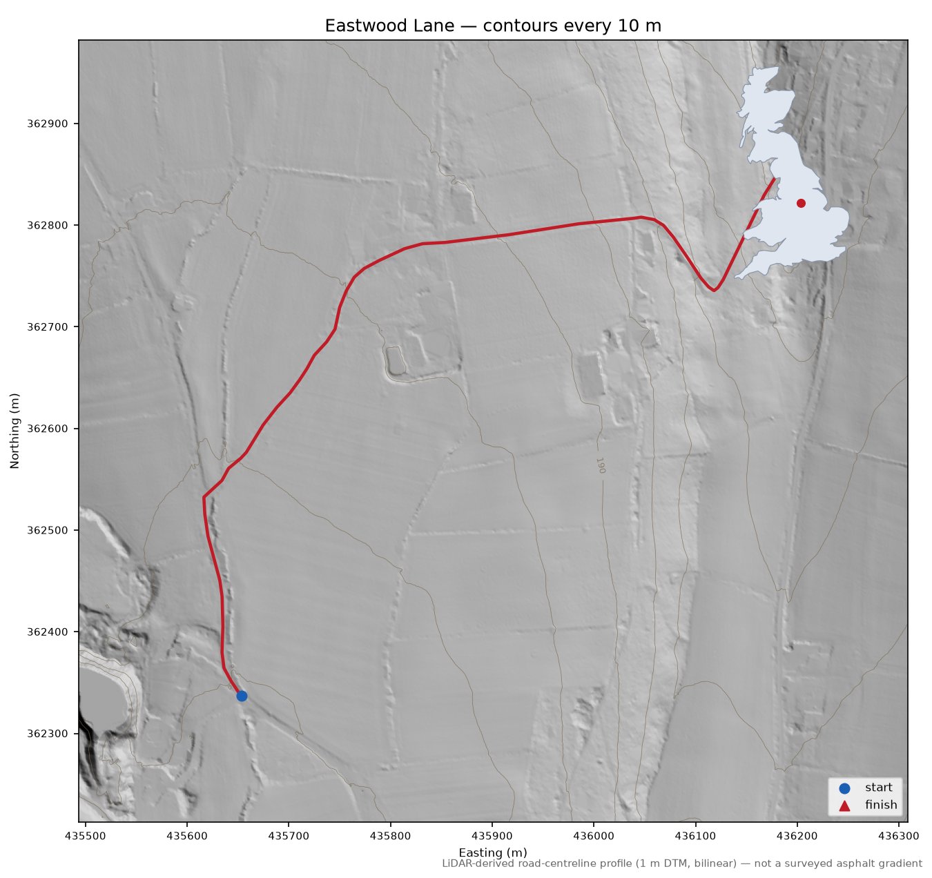 Eastwood Lane LiDAR hillshade map with contours