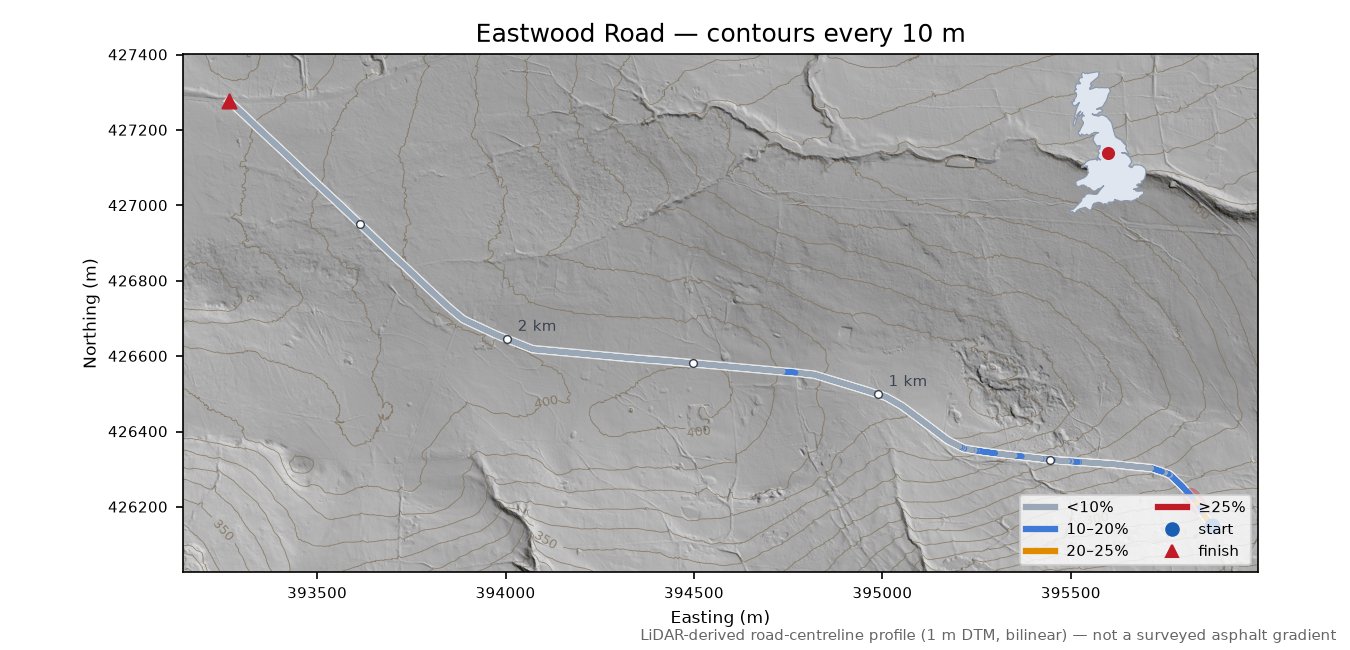 Eastwood Road LiDAR hillshade map with contours