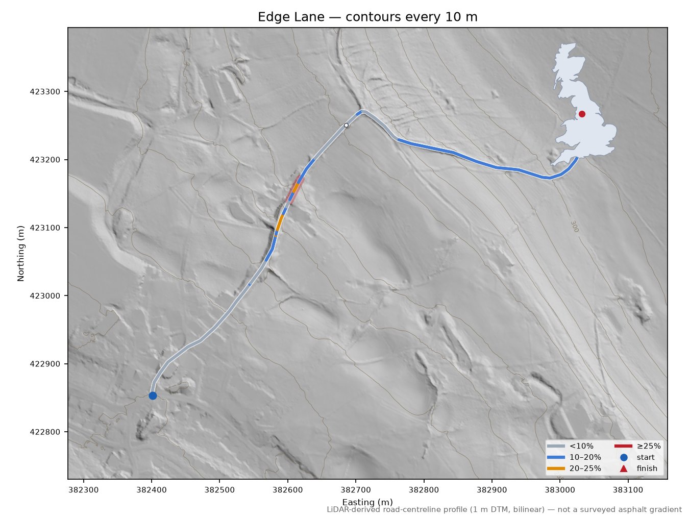 Edge Lane LiDAR hillshade map with contours